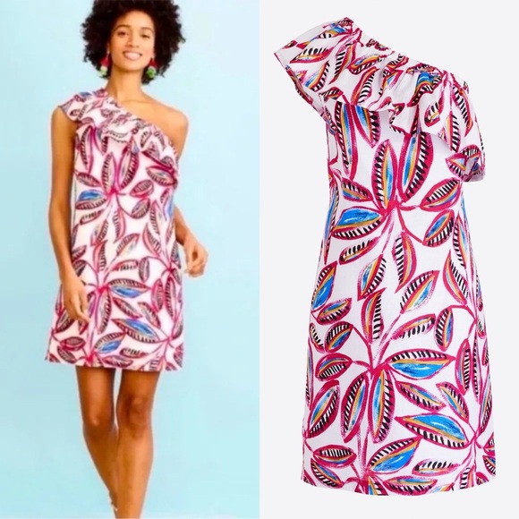 J. Crew Linen One Shoulder Ruffle Mini Dress Tropical Leaf Print NWT Size L - Picture 1 of 7